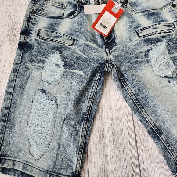Skinny Fit Distressed Blue Wash Denim Shorts - Picture 3 of 15